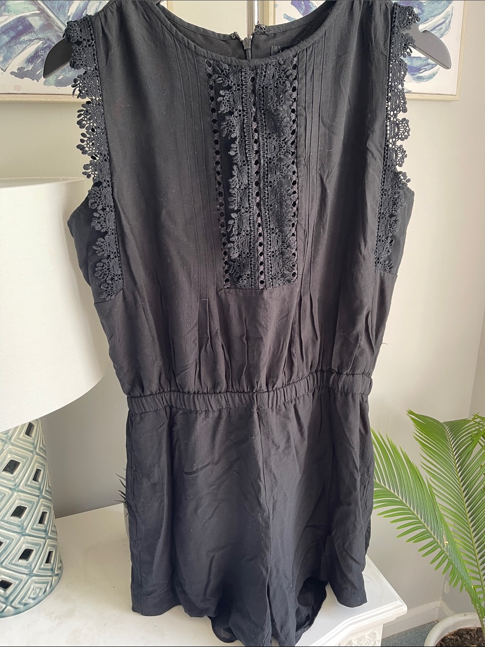 LOFT Black Sleeveless Lace-Trim Romper
